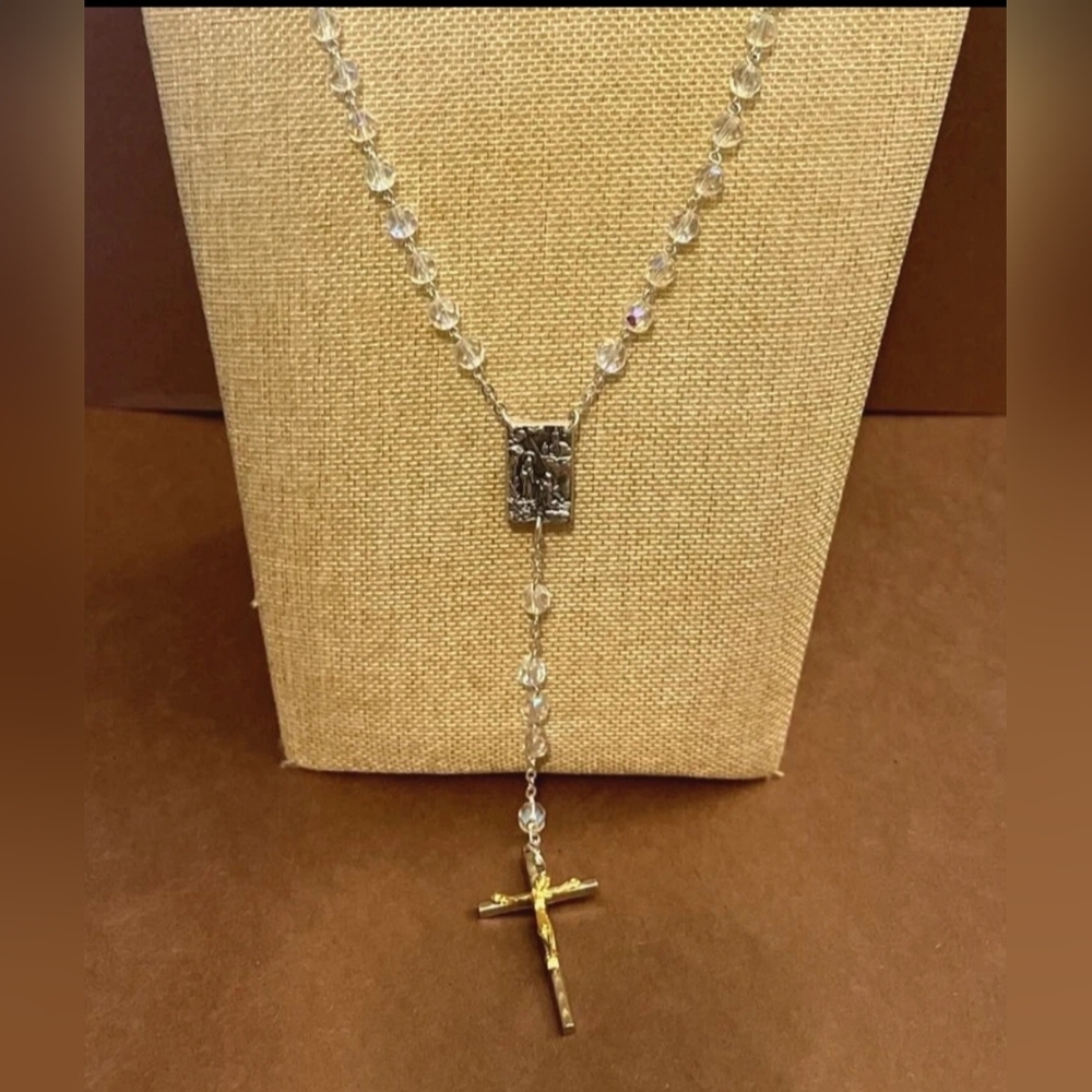Rosary AB Rhinestone Y Religious Pendant and Cross 28" Mark Italy